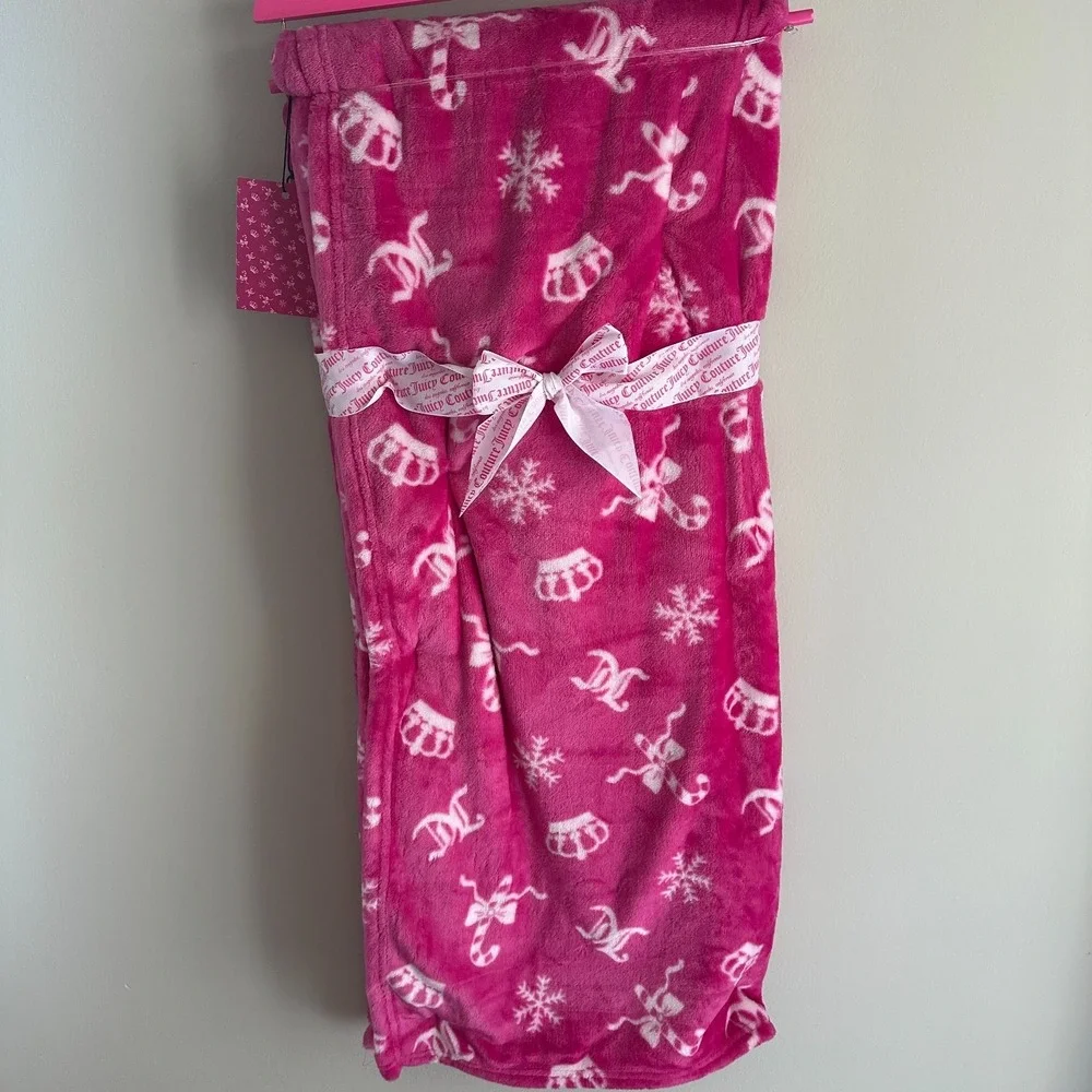 New Juicy Couture Christmas Pink Snowflakes Bows Crown Candy Cane Blanket 60x70